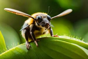 a bee with large eyes sitting on a leaf. AI-Generated photo