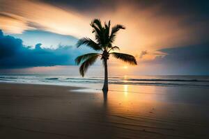 un palma árbol soportes en el playa a puesta de sol. generado por ai foto