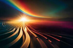 a rainbow is shining over a field of grass. AI-Generated photo