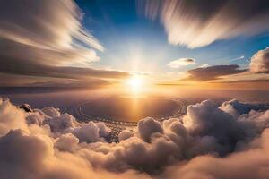 the sun is rising over clouds in this photo. AI-Generated photo