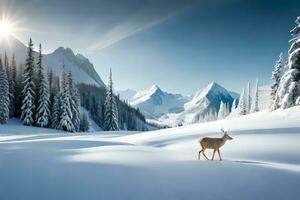 a deer stands in the snow in front of a mountain range. AI-Generated photo