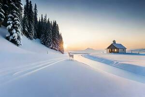 a deer stands in front of a church in the snow. AI-Generated photo