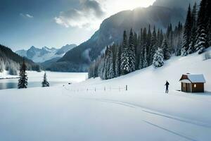 un hombre es caminando a lo largo un Nevado camino cerca un lago. generado por ai foto