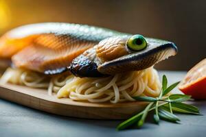 a fish is sitting on top of spaghetti. AI-Generated photo