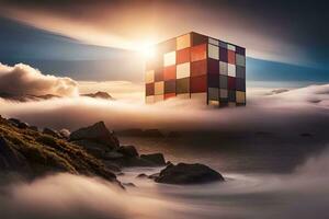 a cube shaped building in the clouds above the ocean. AI-Generated photo