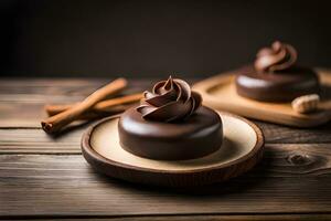 chocolate cake with cinnamon on wooden table. AI-Generated photo