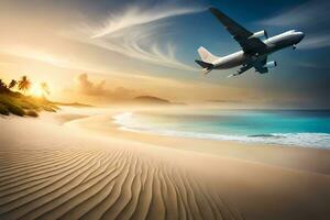 un avión volador terminado el playa a puesta de sol. generado por ai foto