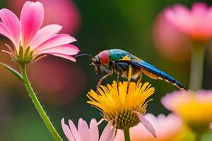 a colorful insect is sitting on top of a flower. AI-Generated photo