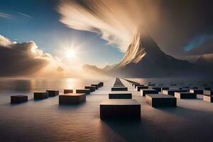 a long line of blocks in the water with mountains in the background. AI-Generated photo