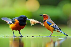 dos aves en pie siguiente a cada otro con un pedazo de alimento. generado por ai foto