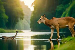 un ciervo y un pájaro en pie en el agua. generado por ai foto