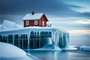 un rojo casa se sienta en parte superior de un hielo cubierto isla. generado por ai foto