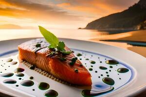 a piece of salmon on a plate with a green leaf. AI-Generated photo