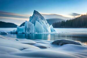 icebergs in the lake at sunset. AI-Generated photo