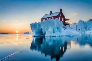 a house sits on an iceberg in the middle of the ocean. AI-Generated photo