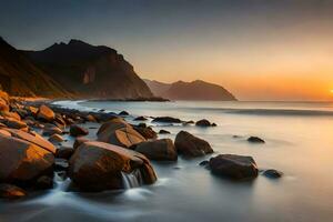 the sun sets over the ocean and rocks in the foreground. AI-Generated photo