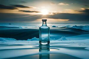 a bottle of alcohol sits on the beach in front of the ocean. AI-Generated photo