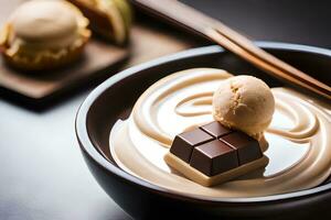 un cuenco de hielo crema con chocolate y un cuchara. generado por ai foto