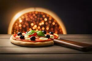 a pizza with olives and cheese on a wooden table. AI-Generated photo