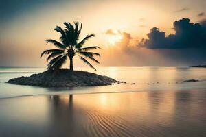 a lone palm tree on a small island in the ocean at sunset. AI-Generated photo