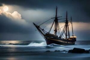 a sailing ship in the ocean under a full moon. AI-Generated photo