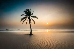 a lone palm tree stands on the beach at sunset. AI-Generated photo