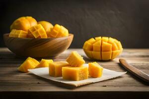 mango cubes on a wooden table with a knife. AI-Generated photo