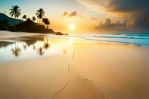 huellas en el playa a puesta de sol. generado por ai foto