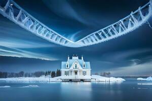 a house with a bridge over water and a snow covered bridge. AI-Generated photo