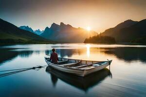 a man sitting in a boat on a lake at sunset. AI-Generated photo