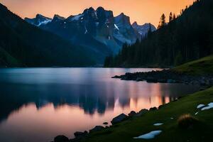 un hermosa puesta de sol terminado un montaña lago. generado por ai foto