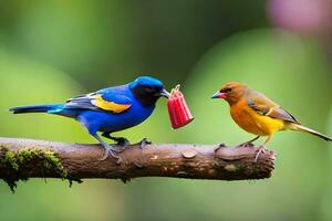 two colorful birds are sitting on a branch. AI-Generated photo