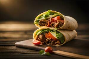 two burritos with meat and vegetables on a wooden cutting board. AI-Generated photo