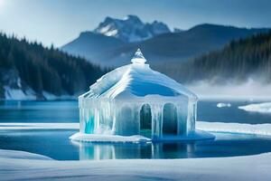 hielo casa en el montañas por Joshua pequeño. generado por ai foto