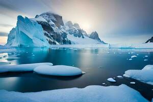 el Dom es brillante en un grande iceberg en el agua. generado por ai foto