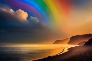 un arco iris es visto terminado el Oceano y playa. generado por ai foto