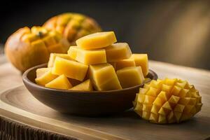 mango cubes in a bowl on a wooden table. AI-Generated photo