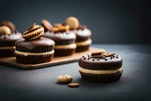 chocolate cupcakes with peanut butter and chocolate frosting on a wooden tray. AI-Generated photo