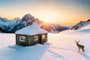 un ciervo soportes en frente de un cabina en el nieve. generado por ai foto