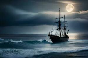 a sailing ship in the ocean under a full moon. AI-Generated photo