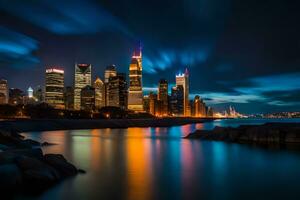 chicago skyline at night with reflections in water. AI-Generated photo