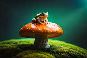 a frog sits on top of a mushroom. AI-Generated photo