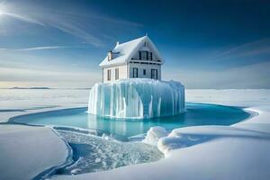 a house on an iceberg in the middle of the ocean. AI-Generated photo