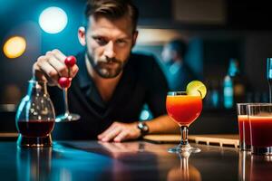 a man is making a cocktail at a bar. AI-Generated photo