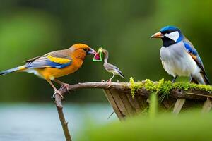 three birds are standing on a wooden platform with a bird eating from a bird feeder. AI-Generated photo