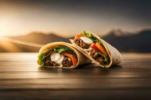 dos burritos en un de madera mesa con montañas en el antecedentes. generado por ai foto