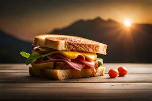 a sandwich with ham, cheese and tomatoes on a wooden table. AI-Generated photo