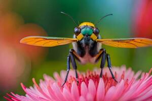 a bee with yellow and green wings sitting on a pink flower. AI-Generated photo