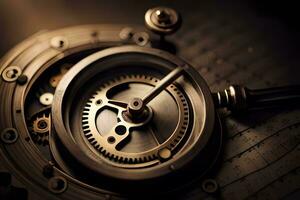 steampunk clockwork mechanism on a dark background. AI-Generated photo