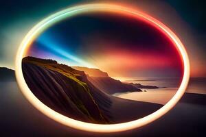 a colorful circle with a sunset in the background. AI-Generated photo